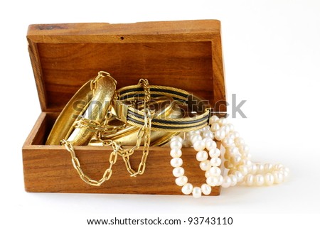 Treasure chest  gold jewelry, bracelets and pearl