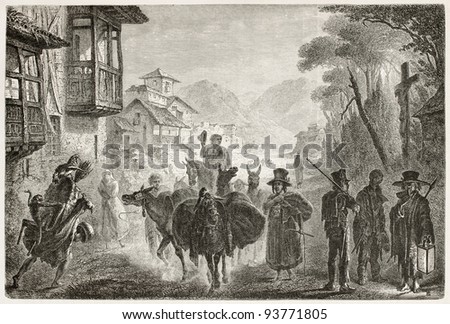 People along the street in Quito, Ecuador, old illustration. Created by Fuchs after Charton, published on Le Tour du Monde, Paris, 1867