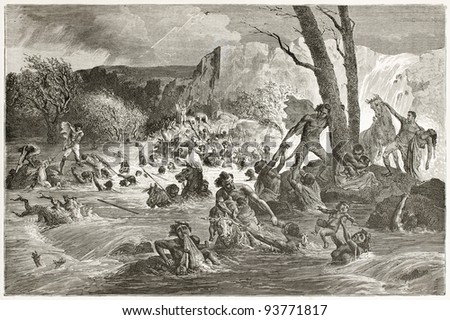 People swept by floods in Abyssinia. Created by Bayard after Lejean, published on Le Tour du Monde, Paris, 1867