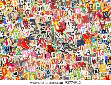 Colorful abstract collage background, made of digitally arranged newspapers and magazines letters handmade cutouts