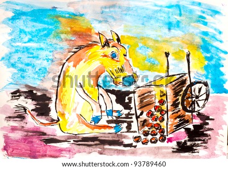 sad style of Van Gogh ass pet sitting next to a fallen apple cart watercolor drawing