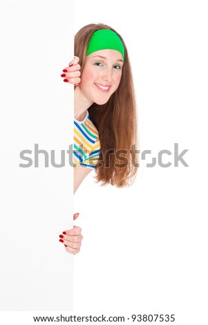 Young smiling woman hold placard, isolated