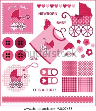 A set of vector images for the newborn girl. The red-pink color scheme