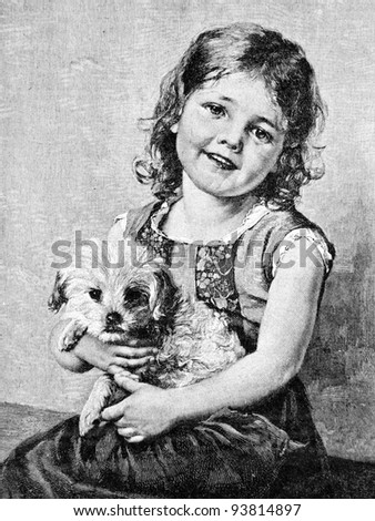 The girl and the little puppy. Engraving by Klyuss from picture by painter Wagner. Published in magazine "Niva", publishing house A.F. Marx, St. Petersburg, Russia, 1893