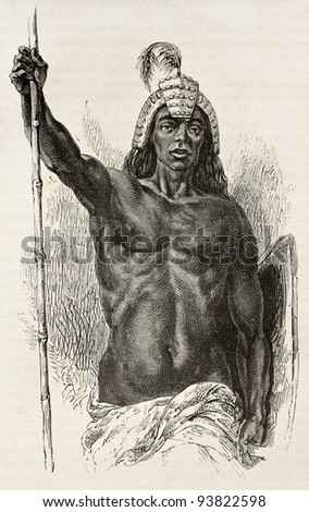 Lira tribe chief old engraved portrait, eastern Africa. Created by Neuville, published on Le Tour du Monde, Paris, 1867