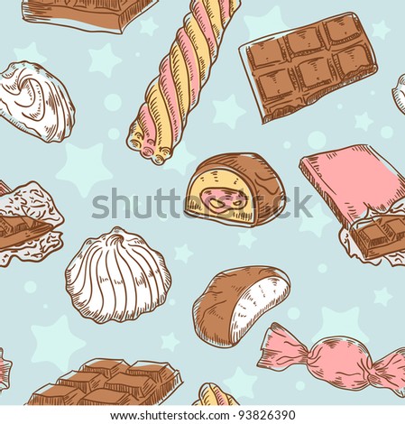 Vintage seamless texture with sweets, candies, chocolate bars and marshmallow on stars and dots background