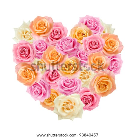 Pink,cream and tea roses in heart shape bunch isolated on white.Valentine Day concept