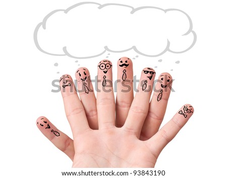 Happy finger smileys with speech bubbles.