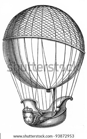 Vintage drawing of 1783 Charles and  Robert brothers  balloon - Picture from Meyers Lexicon books collection (written in German language ) published in 1908 , Germany.