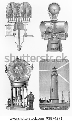 Vintage various types of Lighthouses from the beginning of 20th century - Picture from Meyers Lexicon books collection (written in German language ) published in 1908 , Germany.