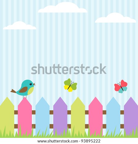 Background with bird and flying butterflies