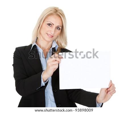 Cheerful businesswomen presenting empty board. Isolated on white