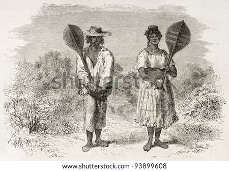 Mestizo man and woman in Sao Paulo de Olivenca, Brazil. Created by Riou, published on Le Tour du Monde, Paris, 1867