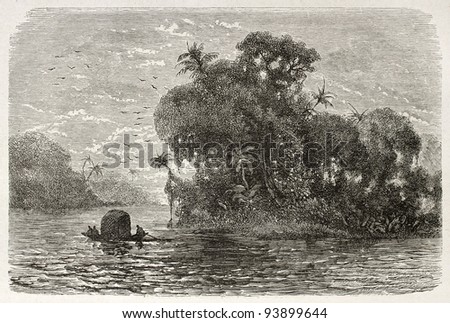 Jandiatuba river old view, Brazil. Created by Riou, published on Le Tour du Monde, Paris, 1867