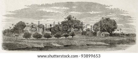 Jurupari-Tapera village old view, Brazil. Created by Riou, published on Le Tour du Monde, Paris, 1867