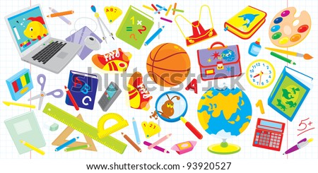 Laptop, basketball, textbooks, satchel, paints, globe and many other things for schoolchildren