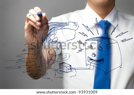 Businessman drawing cartoon of waterfall and dynamo on whiteboard