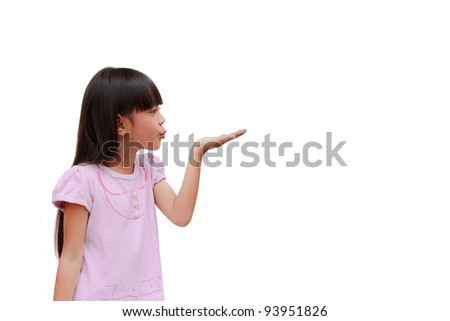 Little girl blows with an empty hand, isolated on white