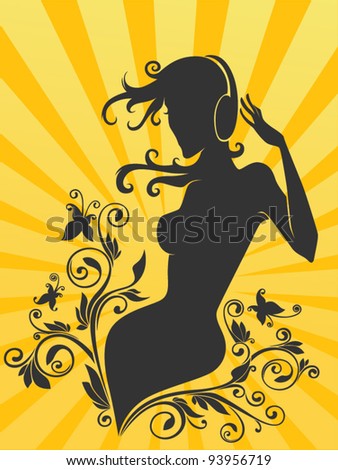 vector background with beautiful girl silhouette in headphone