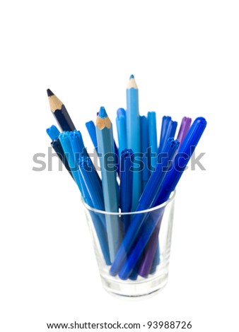 Glass of colored pencils isolated on white background