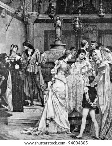 Christening Baby in medieval Florence. Engraving by Reno from picture by painter Vagretz. Published in magazine "Niva", publishing house A.F. Marx, St. Petersburg, Russia, 1893