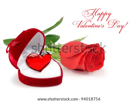 Red velvet Heart-shaped Gift Box with a glass heart with rose on a white background