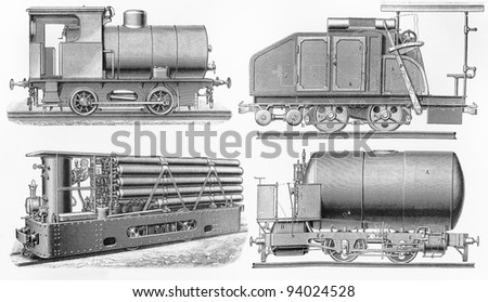 Various types of industrial steam engine locomotives - Picture from Meyers Lexicon books collection (written in German language ) published in 1908 , Germany.