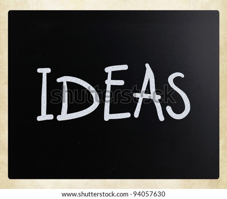 "Ideas" handwritten with white chalk on a blackboard