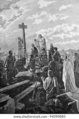 Exaltation of the life-giving cross. Engraving by Helmitsky from picture by painter Matveev. Published in magazine "Niva", publishing house A.F. Marx, St. Petersburg, Russia, 1893