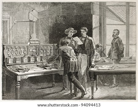 Telegraph office old illustration (Le Crouset workshop, France). Created by Neuville after Bonhomme, published on Le Tour du Monde, Paris, 1867