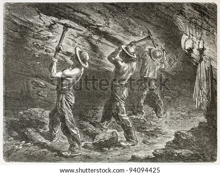 Coal miners at work. Created by Mesnel, published on Le Tour du Monde, Paris, 1867