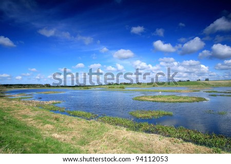 Marshy lake and deep blue sky with clouds