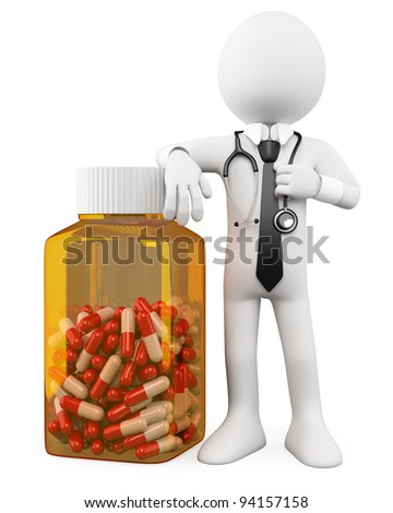 3D Doctor with a huge bottle of pills. Rendered at high resolution on a white background with diffuse shadows.