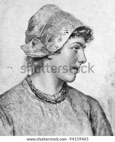 Dutch girl. Engraving by Geyer and Kirmzey from picture by painter Fechner. Published in magazine "Niva", publishing house A.F. Marx, St. Petersburg, Russia, 1893