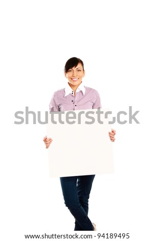 Young woman with blank board banner ,isolated on white background