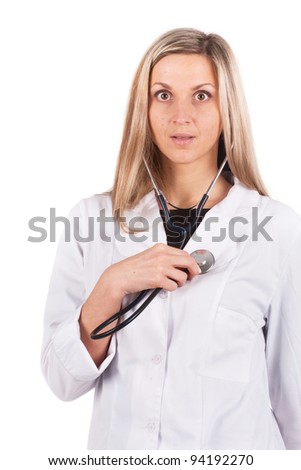 Comic image of woman doctor examines her own chest