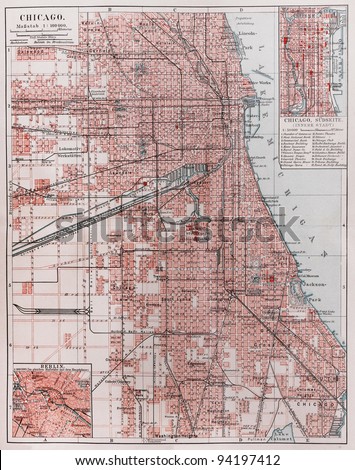Vintage map of Chicago at the beginning of 20th century -  Picture from Meyers Lexicon books collection (written in German language ) published in 1906 , Germany.