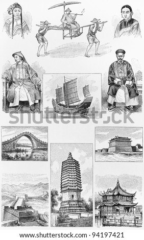 Vintage drawings representing Chinese culture at the end of 19th century -  Picture from Meyers Lexicon books collection (written in German language ) published in 1906 , Germany.