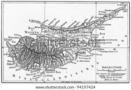 Vintage map of Cyprus at the end of 19th century -  Picture from Meyers Lexicon books collection (written in German language ) published in 1906 , Germany.