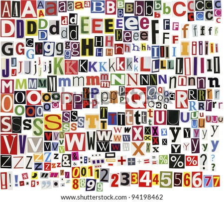 Big size newspaper, magazine alphabet with letters, numbers and symbols. Isolated on white background.