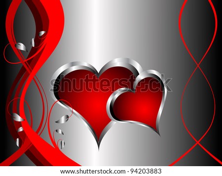 A vector valentines background with silver hearts on a deep red and black backdrop  with   room for text