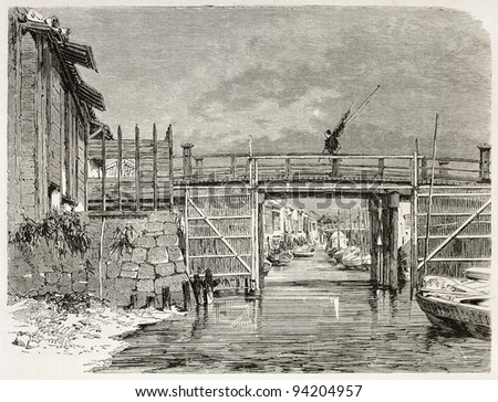 Channel in Yedo (Tokyo) old view. Created by Therond after photo of unknown author, published on Le Tour du Monde, Paris, 1867