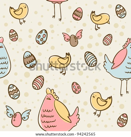 Easter eggs, hen and chicken cartoon hand drawn seamless texture