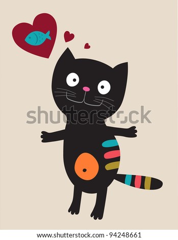 Cat with heart and fish. Vector illustration