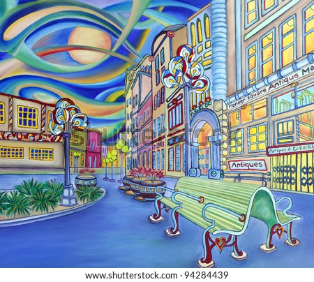 Oil painting of Seattle downtown. Modern city. Colorful original design. Pioneer square.