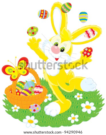 Easter Bunny juggling with colored eggs