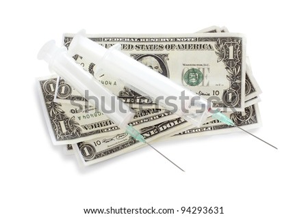 Color photo of a medical syringe and paper money