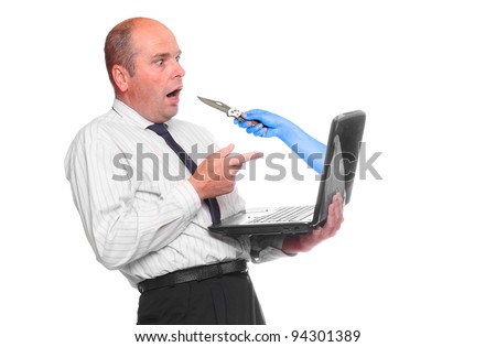 Funny picture of a surprised businessman with hacked laptop.