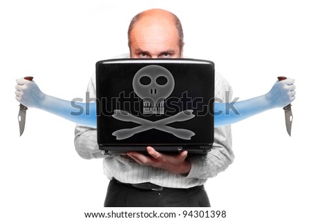 Funny picture of a attacking hacker with his laptop.