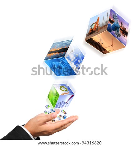Business man hand holding with recycle symbol image , industry image and buildings image isolated on white